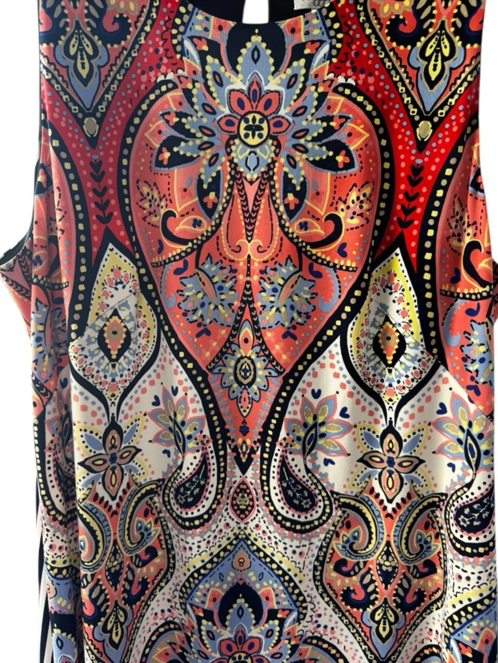 Maggy L Office Dress Sz 16 Paisley Red Coral Navy Front Navy White Striped Back